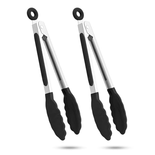 2-Pack of 9" (Small) & 12" (Large) Kitchen Tongs Set: Non-Stick Silicone-Stainless Steel Cooking Tongs, BPA Free, Heat Resistant (480°F) - Non-Slip Grip & Locking Metal Food Tongs (Black) (Black)