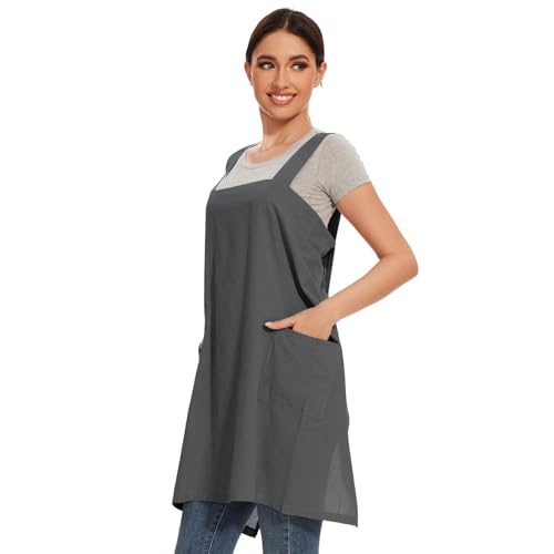 Women Apron with 2 Pockets Cotton Linen Kitchen Baking Cooking Chef Cross Back Pinafore Dress for Work Restaurant Gardening (Medium / Dark Grey)