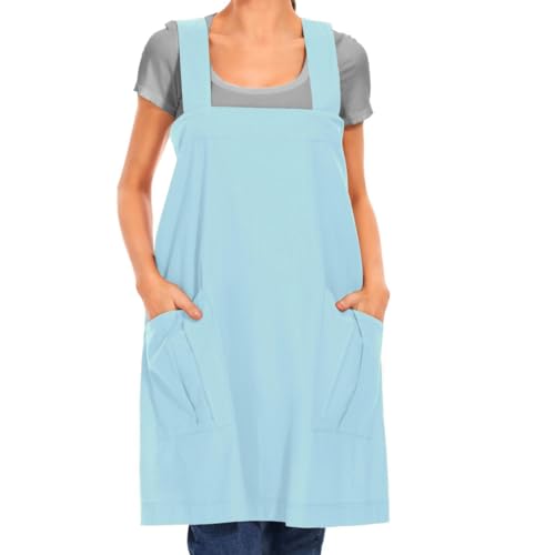 Women's Cotton Cross Back Apron Pinafore Dress with Big Pockets Loose Square Apron for Baking Cooking Gardening (Light Blue / X-Large)