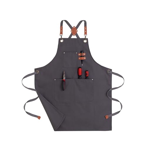 Chef Aprons for Men Canvas Apron with Large Pockets and Adjustable Neck Strap for Cooking (Grey)