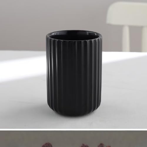 Stoneware Coffee Bar Utensil Holder Tea & Coffee Spoon & Stirrer Holder for Stir Stick Straw Teaspoon Holder Espresso Spoon Cup Small Utensil Jar Fluted Vertical Stripe (Matte Black)