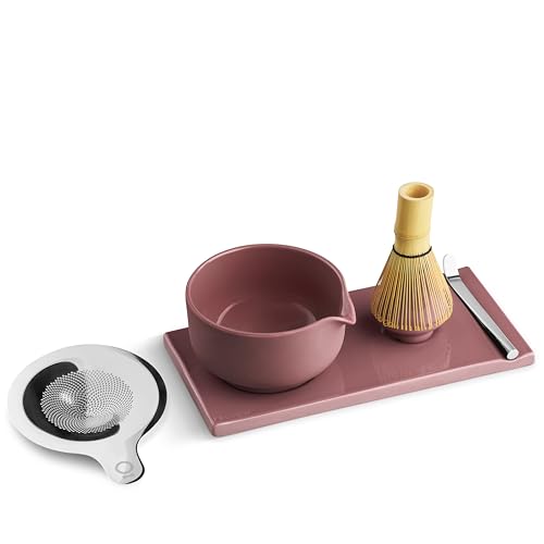 Matcha Set, 6-Piece Ceramic Matcha Bowl Kit with Display Tray (Desert Rose)
