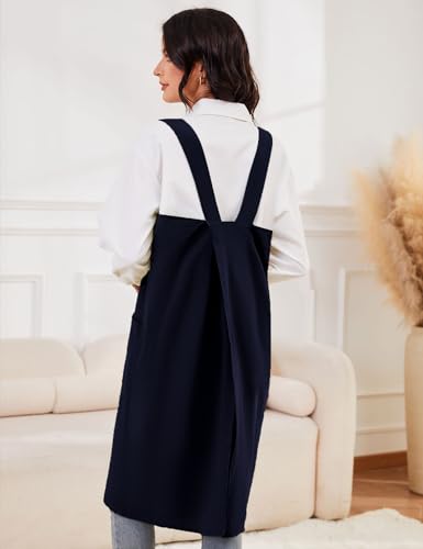 Women's Cotton Cross Back Pinafore with Big Pockets Practical Aprons for Gardening Works (Large / Navy)