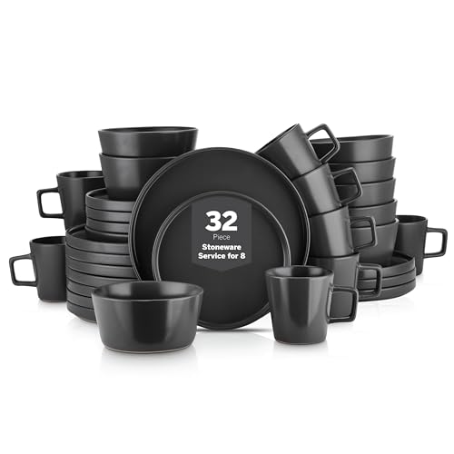 Celina Stoneware 32 Piece Modern Dinnerware Set (Dinnerware Set / Service For 8 / Matte Black)