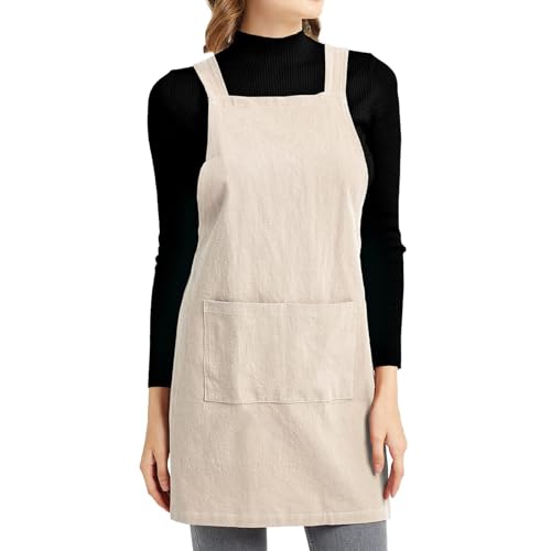 Aprons for Women with Pockets Plus Size Comfort Cross Back No Tie Cotton Linen Apron Pinafore for Cooking Painting Floral Arrangement Gardening Cleaning Medium (Beige / Medium)