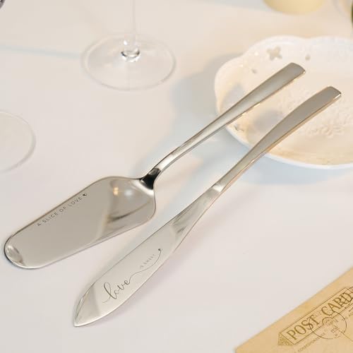 Engagement Gifts for Couples Mr and Mrs Champagne Flutes (Love is Sweet（Sliver Cake Knife） / Set of 4（Gift box）)