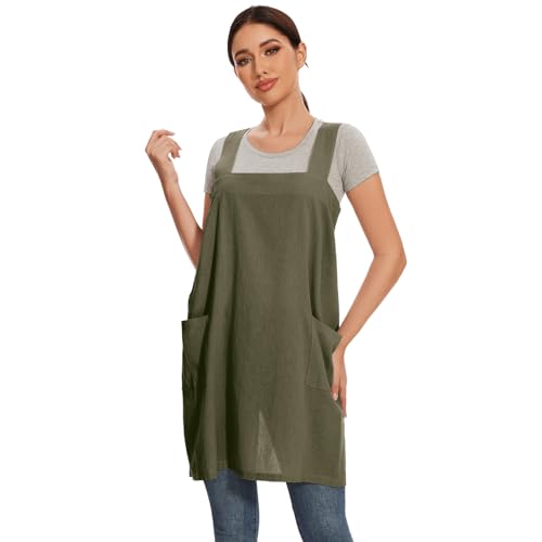 Women Apron with 2 Pockets Cotton Linen Kitchen Baking Cooking Chef Cross Back Pinafore Dress for Work Restaurant Gardening (Large / 15-army Green)