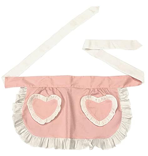 Waist Apron Kitchen Cooking Restaurant 100% Cotton Bistro Half Aprons with Pockets For Girl Woman (Pink Heart)