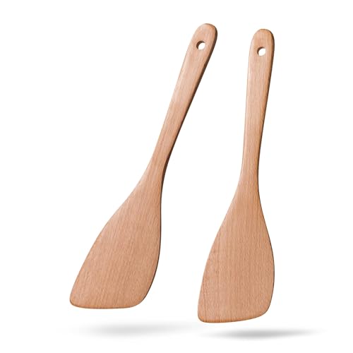Wooden Spatulas for Cooking (Beech Yellowish / Thin 12.8" Angled Edge)