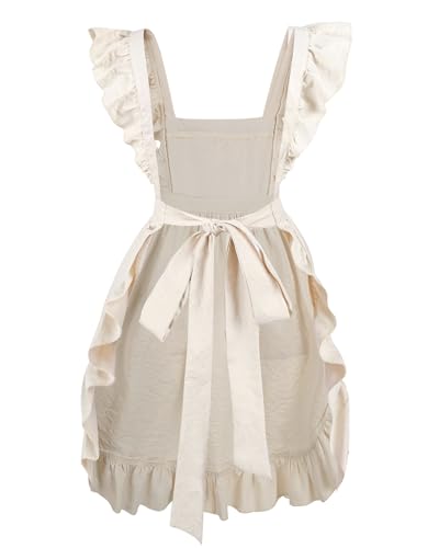 Womens Vintage Pioneer Maid Apron Lace Ruffle Apron with Pockets M (Medium / Beige)
