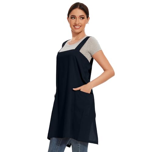Women Apron with 2 Pockets Cotton Linen Kitchen Baking Cooking Chef Cross Back Pinafore Dress for Work Restaurant Gardening (X-Large / Tibetan Blue)