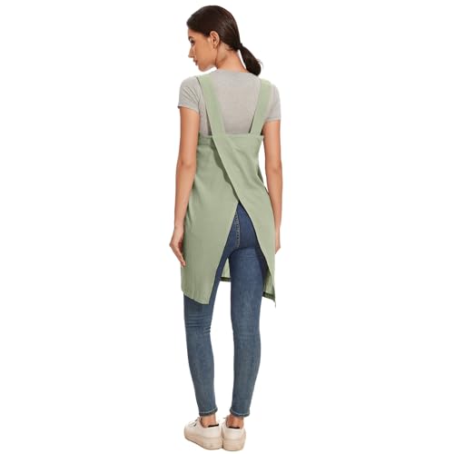 Women Apron with 2 Pockets Cotton Linen Kitchen Baking Cooking Chef Cross Back Pinafore Dress for Work Restaurant Gardening (Small / Light Green)