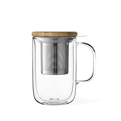 VIVA Minima Double Wall Glass Balance Tea Mug with Mesh Infuser and Wood Lid (Clear Double Wall Glass)