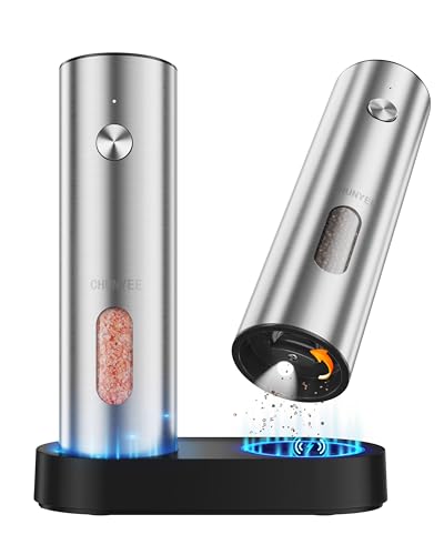 Electric Salt and Pepper Grinder Set with Rechargeable Base (Stainless Steel)