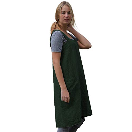 Women's Pinafore Square Apron Baking Cooking Gardening Works Cross Back Cotton (X-Large / Y-dark Green)