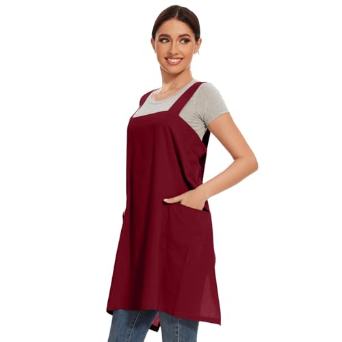 Women Apron with 2 Pockets Cotton Linen Kitchen Baking Cooking Chef Cross Back Pinafore Dress for Work Restaurant Gardening (Small / Wine Red)