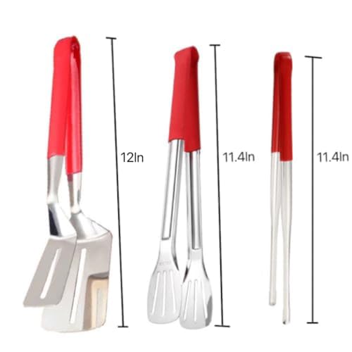 3Pcs 304 Stainless Steel Grill Clamp Kitchen Cooking Tongs Multipurpose Barbecue Clamp Spatula for Gripper Bread Clip (Red Set)