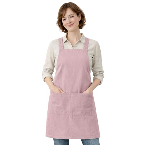 Apron for Women with Pocket Cotton Linen (Pink / Small)