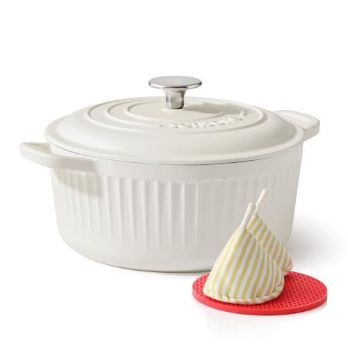 3.5QT Enameled Cast Iron Dutch Oven Pot with Lid&Cotton Potholders (Moonlight White / 3.5 Quarts)