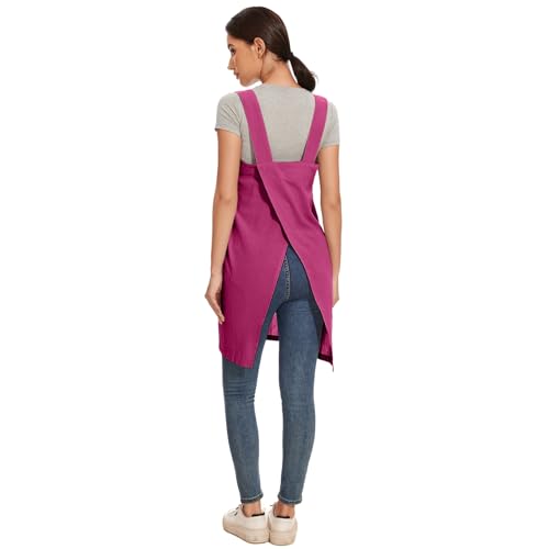 Women Cotton Linen Apron with 2 Pockets Kitchen Baking Cooking Chef Cross Back Pinafore Dress for Work Restaurant Gardening (Medium / Rose Red)