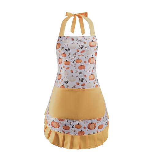 Vintage Floral Apron for Women with Functional Pockets Adjustable Neck Strap for Cooking Baking Mother's Gift (Pumpkin)