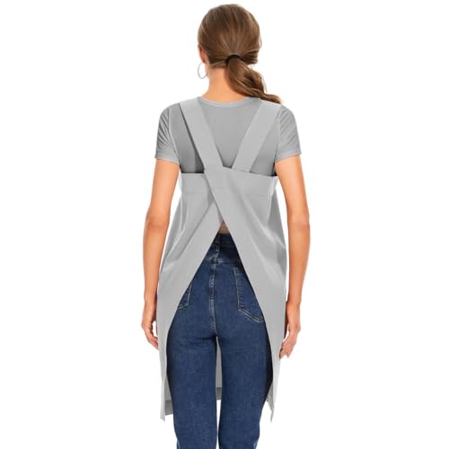 Women's Cotton Cross Back Apron Pinafore Dress with Big Pockets Loose Square Apron for Baking Cooking Gardening (Light Grey / Large)