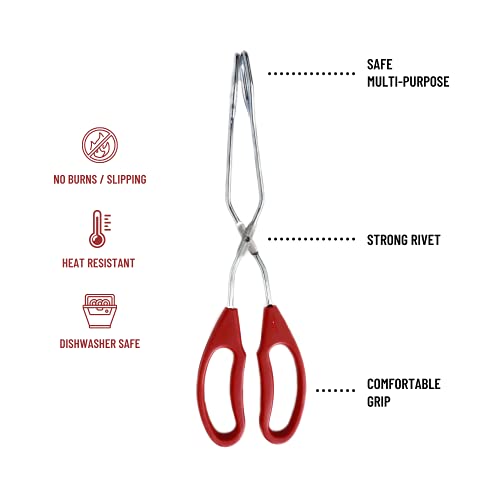 Scissor Tongs Cooking Kitchen Grilling Food Serving Barbecue Comfortable Ergonomic Grip Dishwasher Safe Beautiful Design (Red)