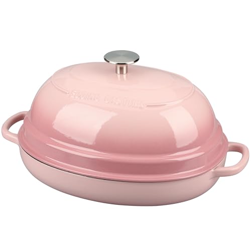 Enameled Oval Cast Iron Dutch Oven Pot with Lid (Pink)