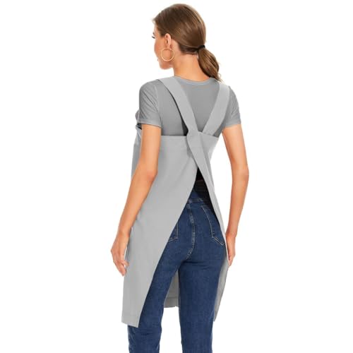 Women's Cotton Cross Back Apron Pinafore Dress with Big Pockets Loose Square Apron for Baking Cooking Gardening (Light Grey / Large)