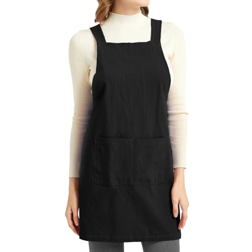 Aprons for Women with Pockets Plus Size Comfort Cross Back No Tie Cotton Linen Apron Pinafore (Black / Medium)