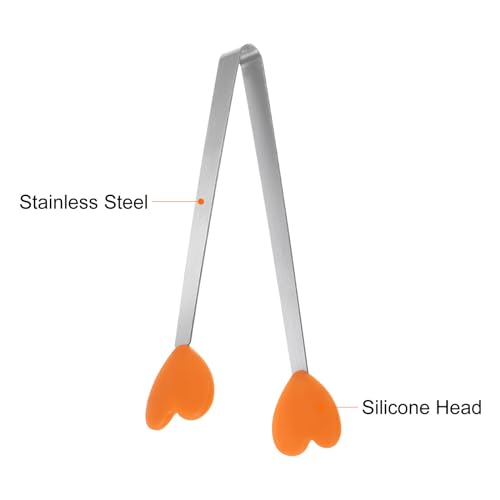 Mini Food Tongs 5.3" Heart Shape Stainless Steel with Silicon Tips Small Cooking Tongs Kitchen Food Tongs Serving Tongs for Cooking Grilling BBQ Barbecue Kitchen (Orange)