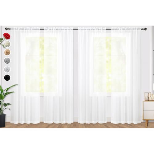 Sheer White Curtains 4 Panels Rod Pocket Semi (White / 52"W x 96"L (Pack of 4))