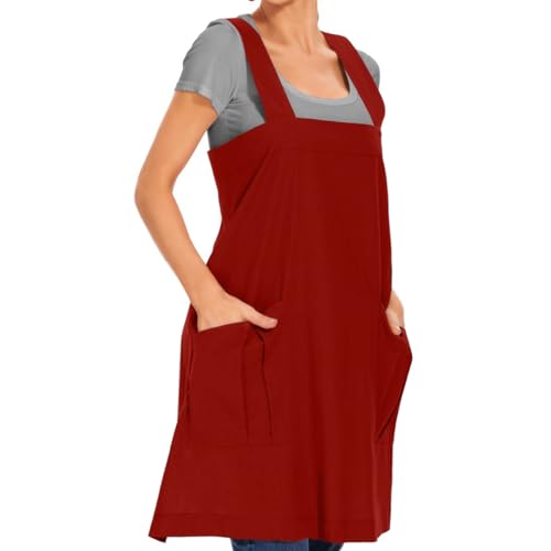 Women's Cotton Cross Back Apron Pinafore Dress with Big Pockets Loose Square Apron for Baking Cooking Gardening (Red / Small)