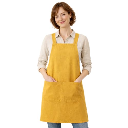 Apron for Women with Pocket Cotton Linen (Yellow / Large)