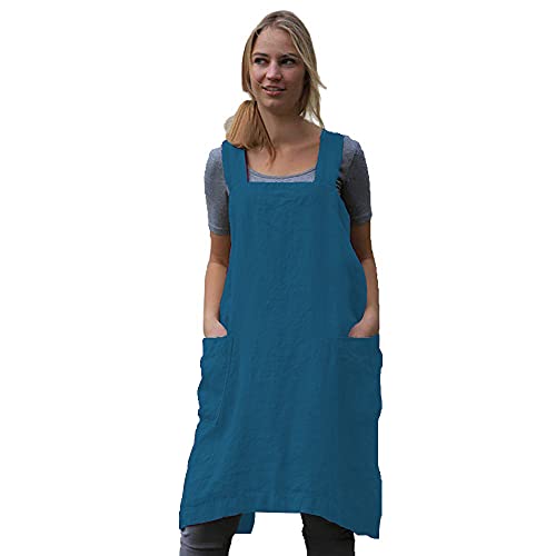 Women's Cross Back Pinafore Apron with Large Pockets Home Kitchen (XX-Large / Lake Blue)