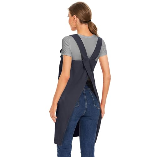 Women's Cotton Cross Back Apron Pinafore Dress with Big Pockets Loose Square Apron for Baking Cooking Gardening (Dark Grey / Large)