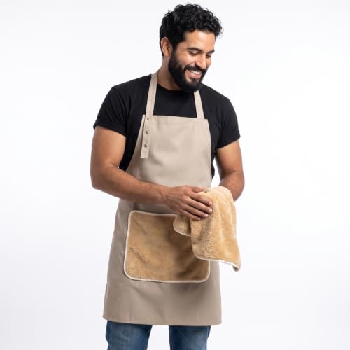 Kitchen Apron for Women Men with Pocket & Hand Towel (Khaki)