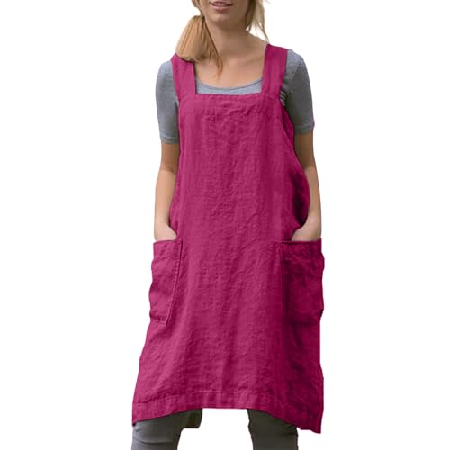 Women Cotton Linen Apron with 2 Pockets Kitchen Baking Cooking Chef Cross Back Pinafore Dress for Work Restaurant Gardening (Medium / Rose Red)