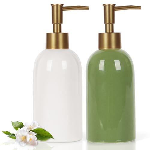 2PC 14OZ Ceramic Soap Dispenser Can Fill Hand Soap (White+green)
