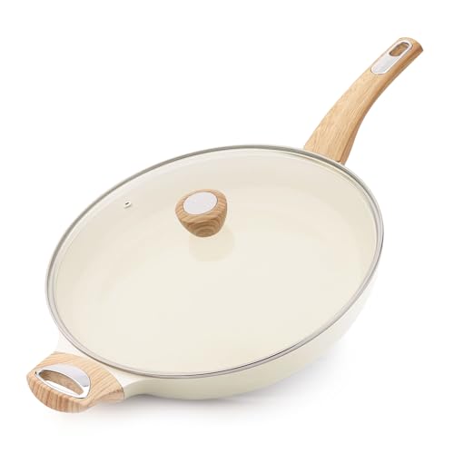 12.5inch Ceramic Nonstick Frying Pan Paella Pan with Lid (12.5 Inch / CREAM White)