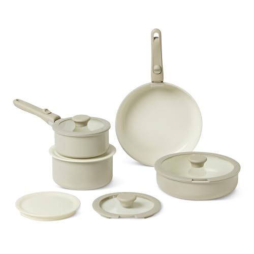 Ceramic Nonstick Cookware Set with Detachable Handles (Linen Gray)