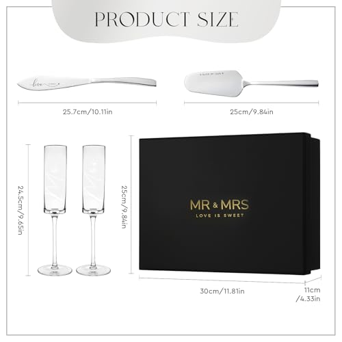 Engagement Gifts for Couples Mr and Mrs Champagne Flutes (Love is Sweet（Sliver Cake Knife） / Set of 4（Gift box）)
