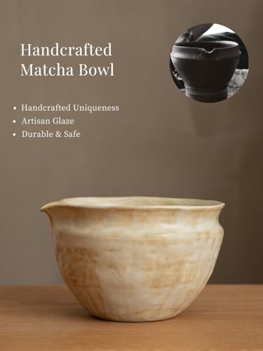 Matcha Set with Handmade Ceramic Bowl & Bamboo Whisk (Sandstone Reactive Glaze)