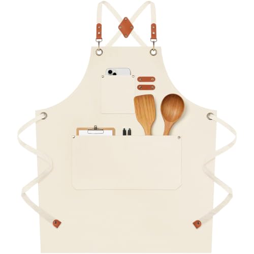 Chef Aprons for Men Women with 4 Pockets (Beige)