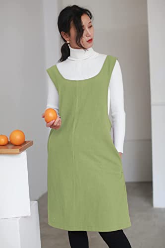 Cotton Linen Apron Halter CrossBack Bandage Aprons Japanese Style X Shape Pocket (Shallow Grass Green)