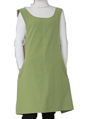 Cotton Linen Apron Halter CrossBack Bandage Aprons Japanese Style X Shape Pocket (Shallow Grass Green)