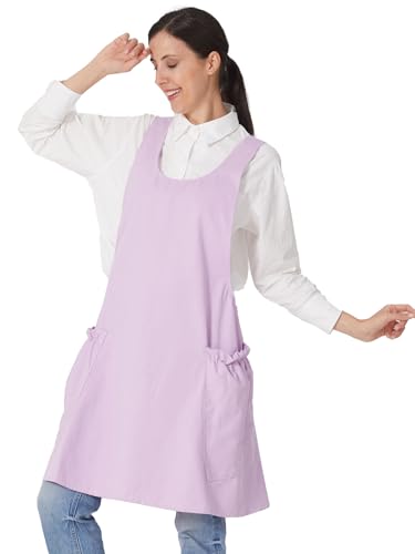 Cozy Adjustable Cross Back Aprons for Women with Pockets Cotton Linen Cooking Kitchen Baking Lavender (Lavender)