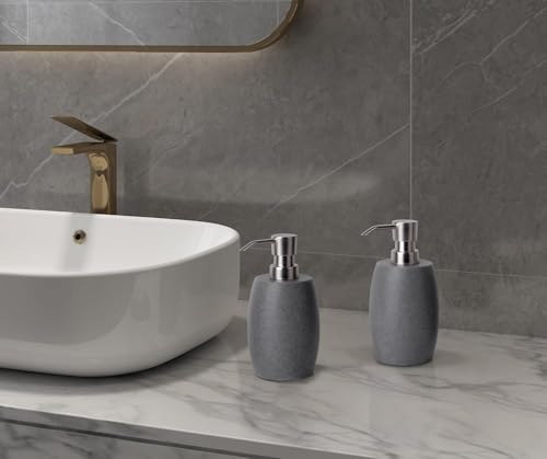 Sandstone Textured Resin Soap Dispenser with Metallic Pump and Waterproof Bottle Labels for Bathroom Kitchen Dish Hand Wash Shower Lotion Shampoo (Dark Gray_2 Pcs)