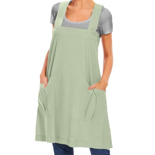 Women's Cotton Cross Back Apron Pinafore Dress with Big Pockets Loose Square Apron for Baking Cooking Gardening (Mint Green / Large)