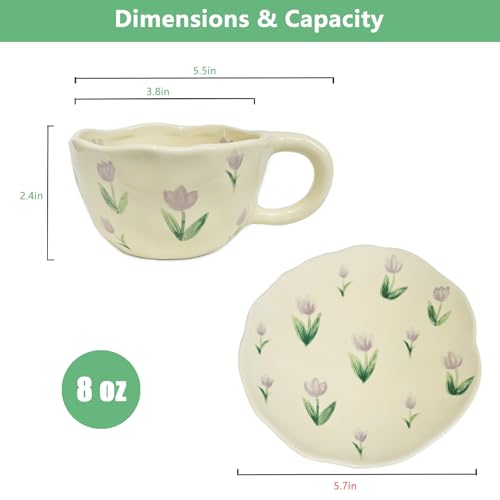 Tulip Coffee Mug Flower Tea Cups and Saucers Set for Mom 8 oz (Purple Tulip)